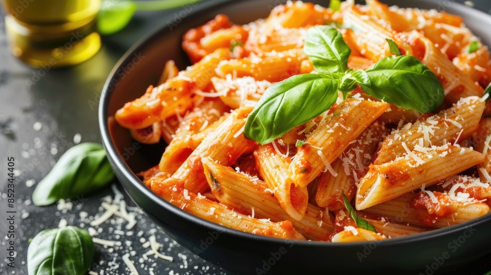 Penne Arrabbiata with Basil and Parmesan on Dark Background Penne Arrabbiata with Basil and Parmesan on Dark Background