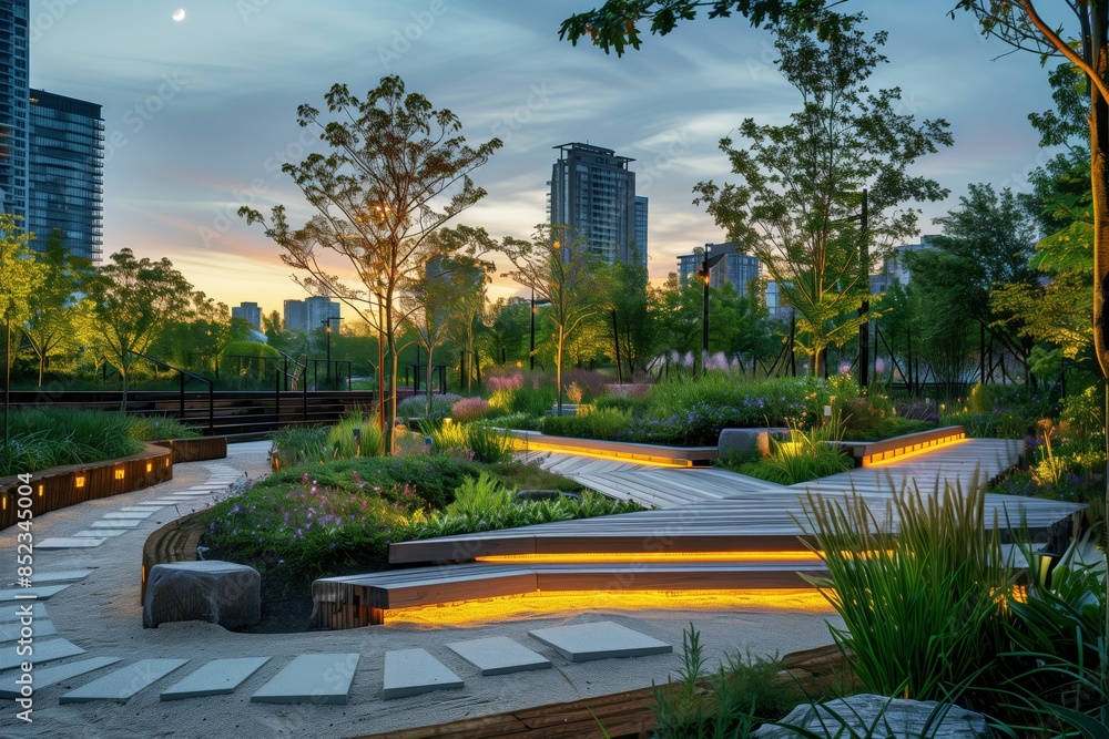 Fototapeta premium Modern Urban Park with Illuminated Pathways and Lush Greenery at Sunset in a Cityscape Setting