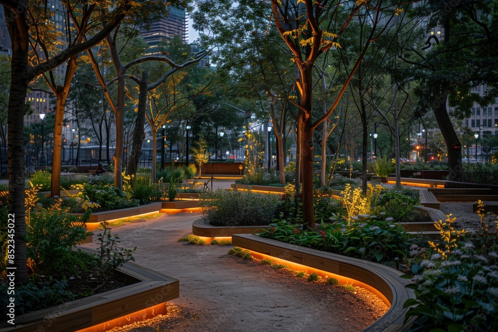 Illuminated Urban Park Pathway at Dusk with Modern Landscape Design and City Skyline in the Background Illuminated Urban Park Pathway at Dusk with Modern Landscape Design and City Skyline in the Background