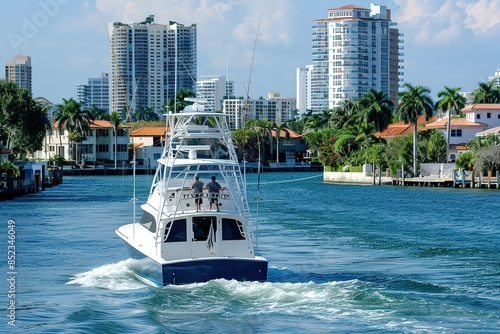 Catching fish with fishing rods at dawn and sunset on the sea. Fishing on a motor boat, yacht at speed in the sea, ocean.