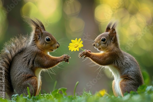 Two squirrels standing together in grass, holding a yellow flower © Alexei