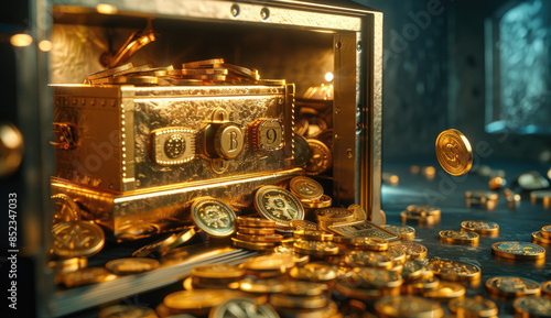 A highend bank safe filled with gold coins and paper money