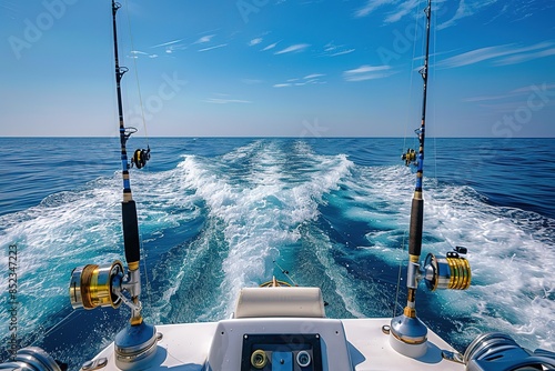 Trolling fishing boat rod and golden saltwater reels deep blue ocean sea wake