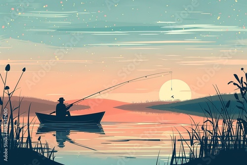 A beautiful night landscape of Japan, bathed in soft shades of pink and orange. The fisherman stands on the boat and looks out over the moon. 