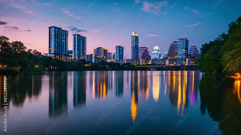 The tranquil city skyline reflects in the water at dawn The tranquil city skyline reflects in the water at dawn