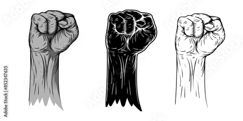 black and white silhouette of a clenched hand with vector details isolated on a white background with a flat cartoon line art brush shading style, suitable for logos, emblems, icons, symbols and other