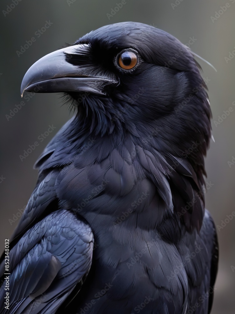 Close-up of a raven's head, black feathers, powerful beak, expressive eyes, blurred dark background Close-up of a raven's head, black feathers, powerful beak, expressive eyes, blurred dark background