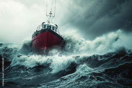 Fototapeta Naklejka Na Ścianę i Meble -  Sailing old ship in storm sea against dramatic sunset