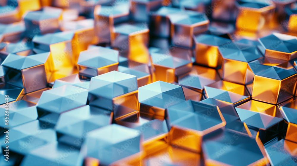 Obraz premium Floating 3D hexagonal prisms arranged in a honeycomb pattern.