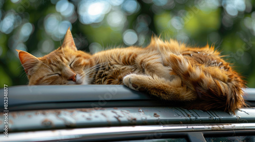 Sleeping Cat Enjoying a Nap on Car Roof