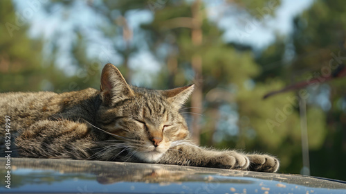Sleeping Cat Enjoying a Nap on Car Roof