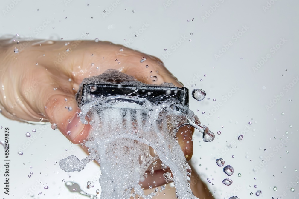 Fototapeta premium A modern razor surrounded by water splashes against a clear background
