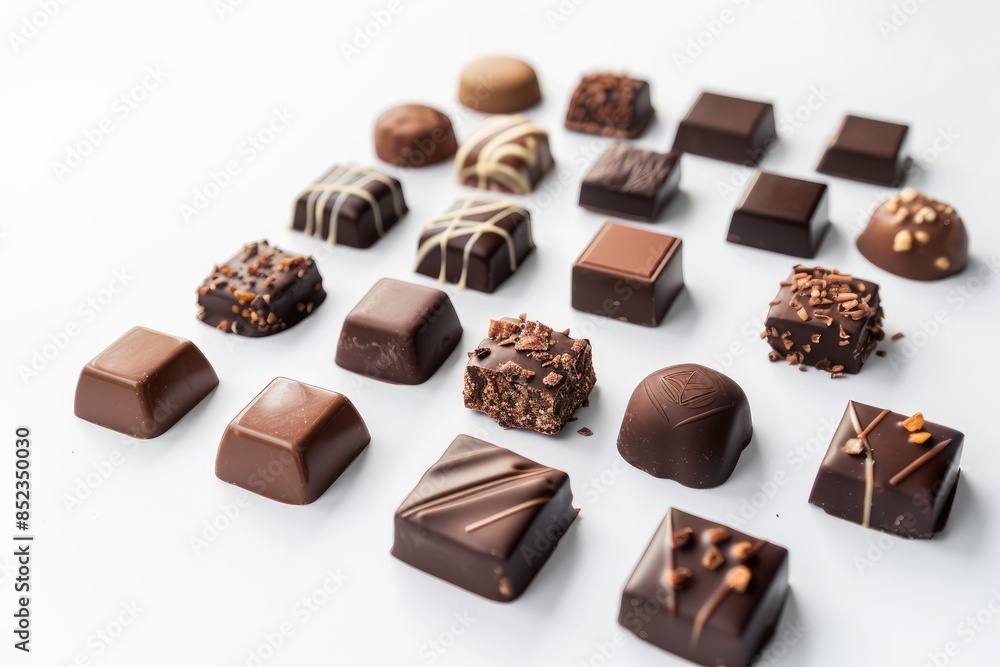 A large selection of gourmet chocolates in various shapes, flavors, and confections displayed neatly A large selection of gourmet chocolates in various shapes, flavors, and confections displayed neatly