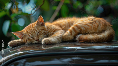 Sleeping Cat Enjoying a Nap on Car Roof