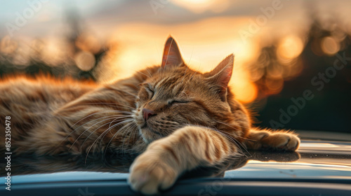 Sleeping Cat Enjoying a Nap on Car Roof