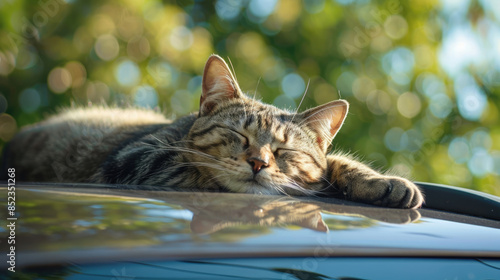 Sleeping Cat Enjoying a Nap on Car Roof