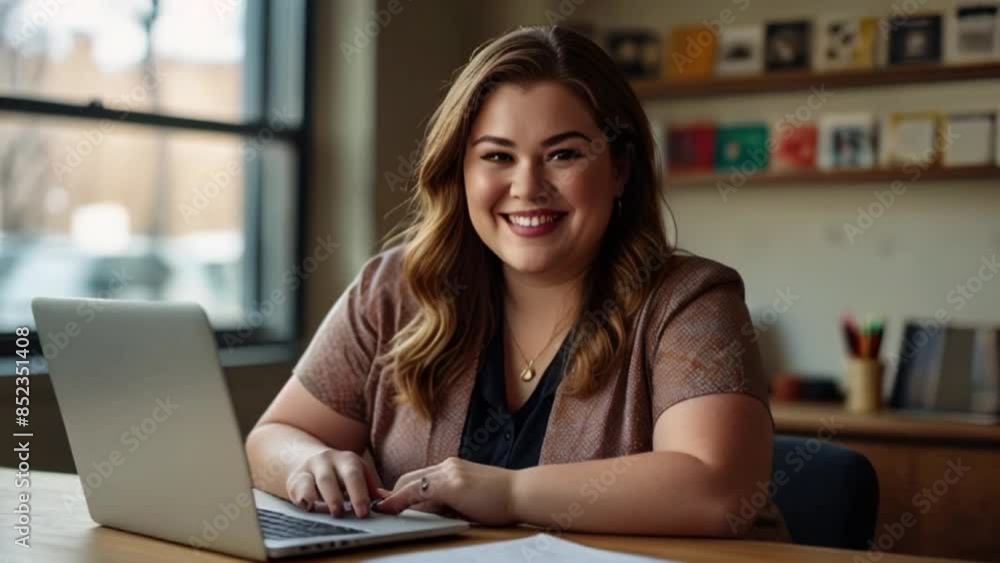 A happy, plus-size Caucasian businesswoman casually working on a laptop at her desk.# A happy, plus-size Caucasian businesswoman casually working on a laptop at her desk.#