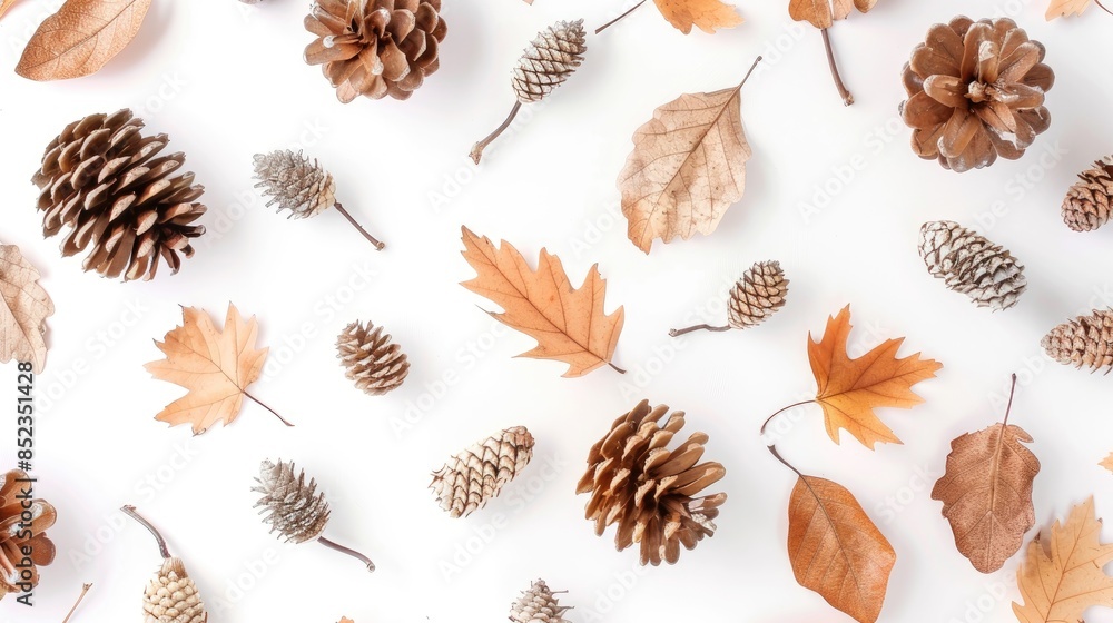 Autumn themed flat lay with dried leaves and cones on a white background capturing the essence of the season Autumn themed flat lay with dried leaves and cones on a white background capturing the essence of the season