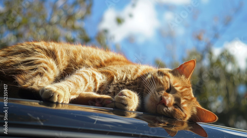 Sleeping Cat Enjoying a Nap on Car Roof