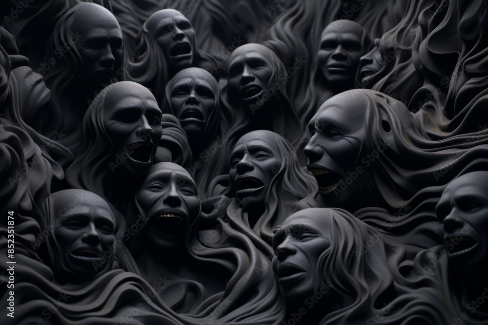 a group of black heads surrounded by black smoke a group of black heads surrounded by black smoke