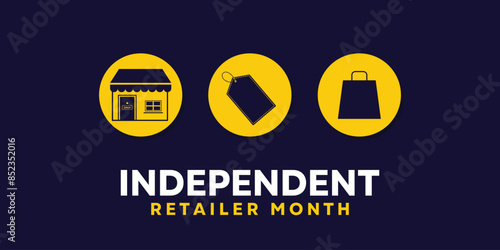 Independent Retailer Month. Store, label and shopping bag. Great for cards, banners, posters, social media and more. Dark blue background.