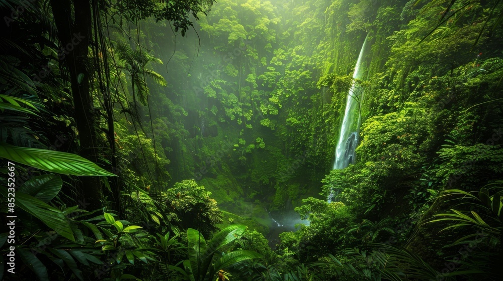 Fototapeta premium Dense, tropical rainforest with lush green foliage and a waterfall cascading in the background.
