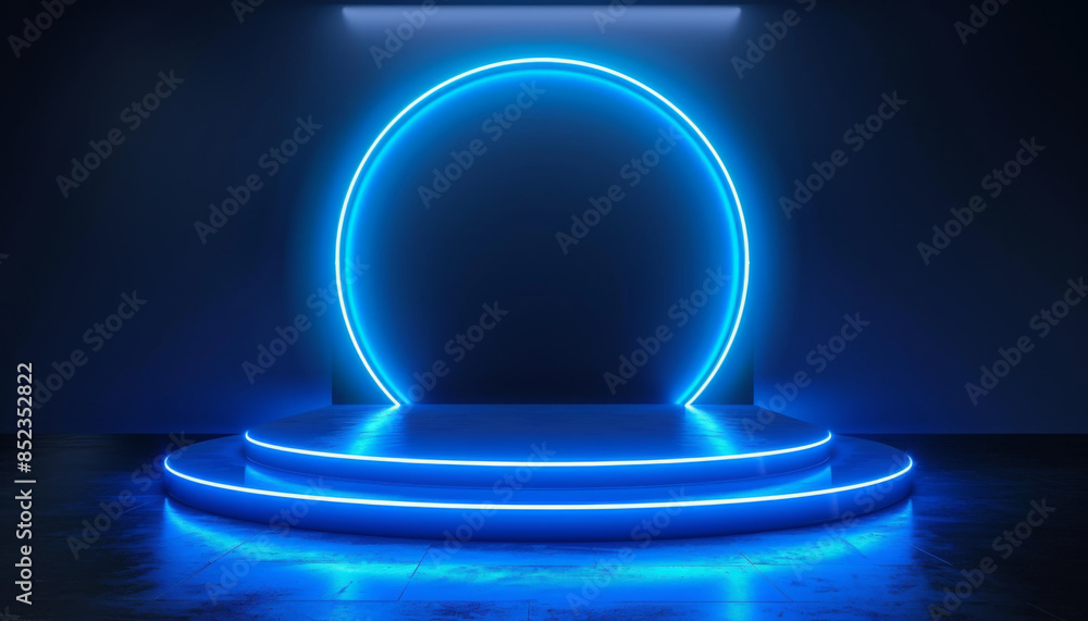 3D rendering of a glowing blue podium with circular neon light background for product presentation. empty blue podium with blue neon ring 3D rendering of a glowing blue podium with circular neon light background for product presentation. empty blue podium with blue neon ring