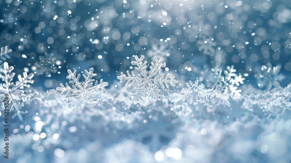 close-up of a snowflake, showcasing its symmetrical geometric patterns against a blurred backdrop close-up of a snowflake, showcasing its symmetrical geometric patterns against a blurred backdrop