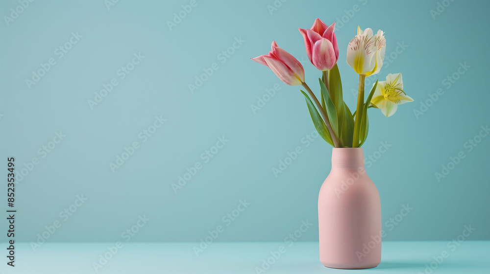 Obraz premium A pink vase with three pink flowers in it. The vase is on a blue background