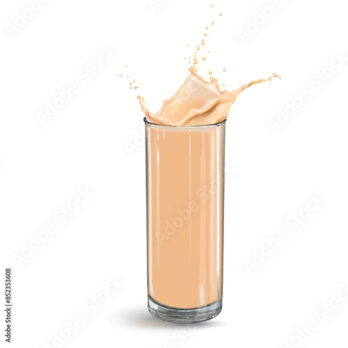 Realistic vector splash of coffee with milk, latte, tea with milk isolated on a white background. Cold drink. Iced coffee. 3d realistic dynamic illustration.