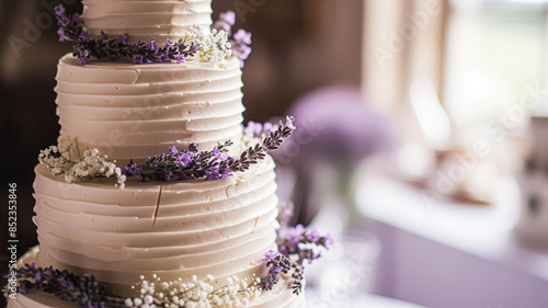Wedding cake with lavender flowers. Holiday table decoration