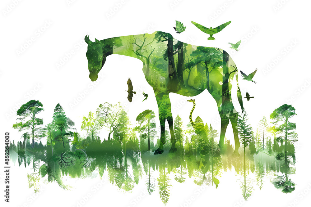 Obraz premium Double Exposure of Horse with Lush Green Forest and Birds