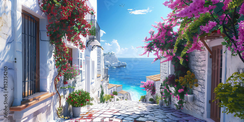 Fototapeta Naklejka Na Ścianę i Meble -  2d background A picturesque Mediterranean village with whitewashed houses, narrow winding streets, blooming bougainvillea, and the blue sea in the background