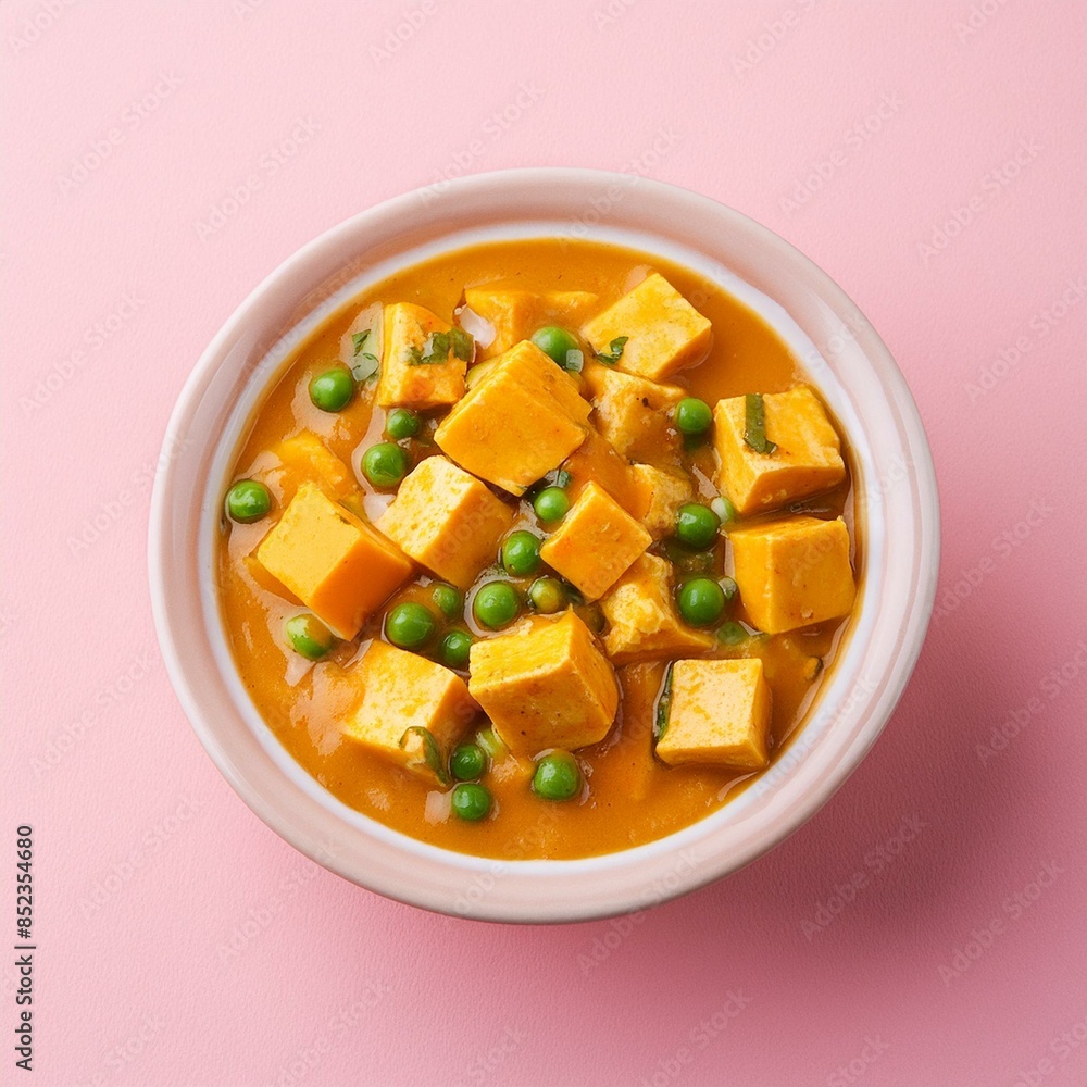 Indian delicious cuisine matar paneer on pink background Indian delicious cuisine matar paneer on pink background