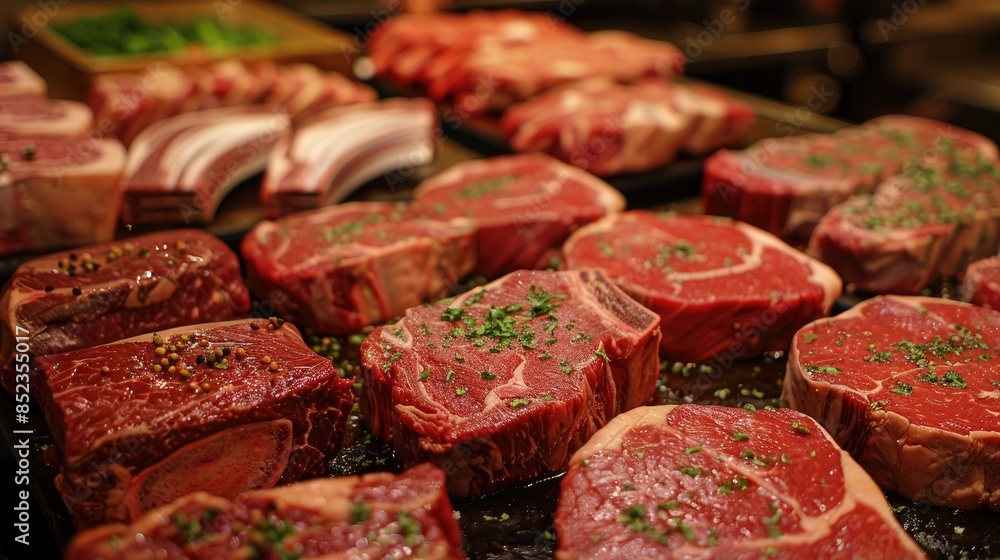 Variety of Prime Meat Steaks and Raw Angus Cuts Variety of Prime Meat Steaks and Raw Angus Cuts