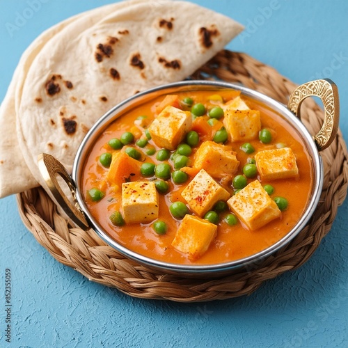 Indian delicious cuisine matar paneer on blue background photo