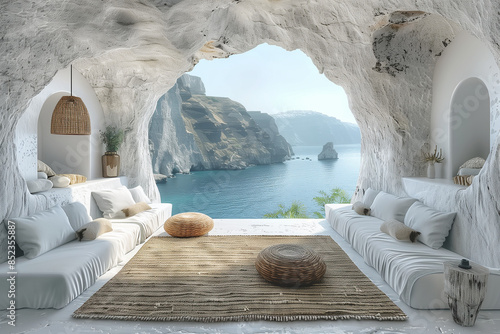 Elegant minimalist interior design in a Santorini villa, featuring subtle stone textures and thoughtful design choices. The tranquil and clutter-free space offers a serene and inspiring living environ