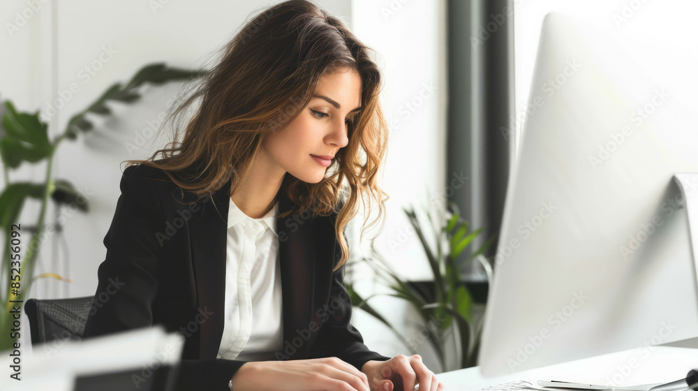 Woman in business attire working diligently on laptop in minimalistic office setting. AI generative. Woman in business attire working diligently on laptop in minimalistic office setting. AI generative.