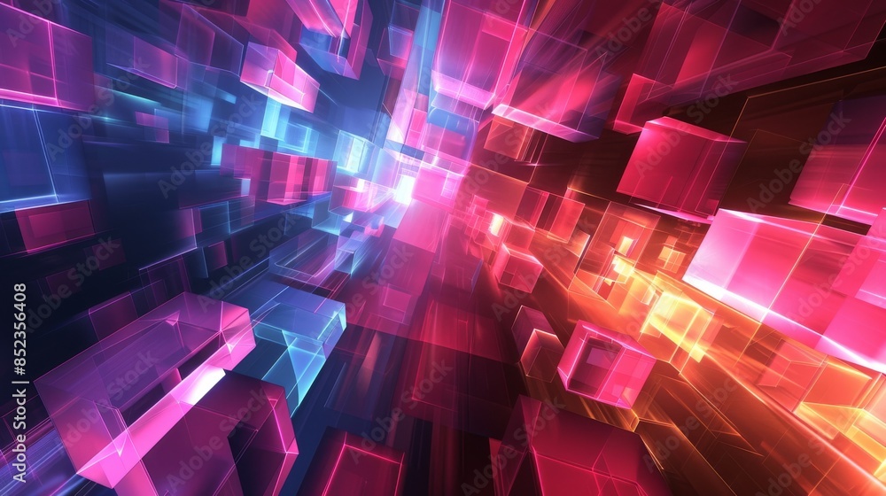 Obraz premium Colorful cubes in motion with glowing lights, abstract background
