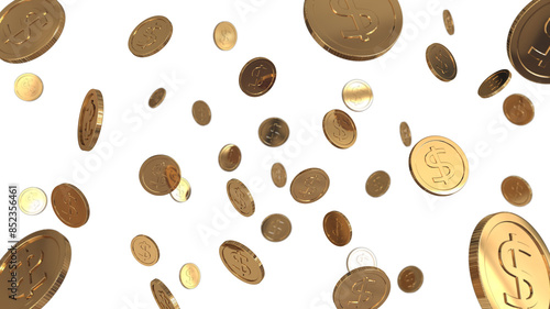 Gold coins falling on transparent background, 3d render