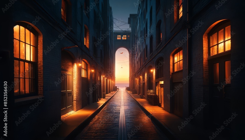 A narrow alley between old brick buildings, lit by the soft glow of twilight at the far end. A narrow alley between old brick buildings, lit by the soft glow of twilight at the far end.