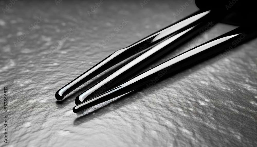 A close-up image of elegant black chopsticks resting on a stone surface. A close-up image of elegant black chopsticks resting on a stone surface.