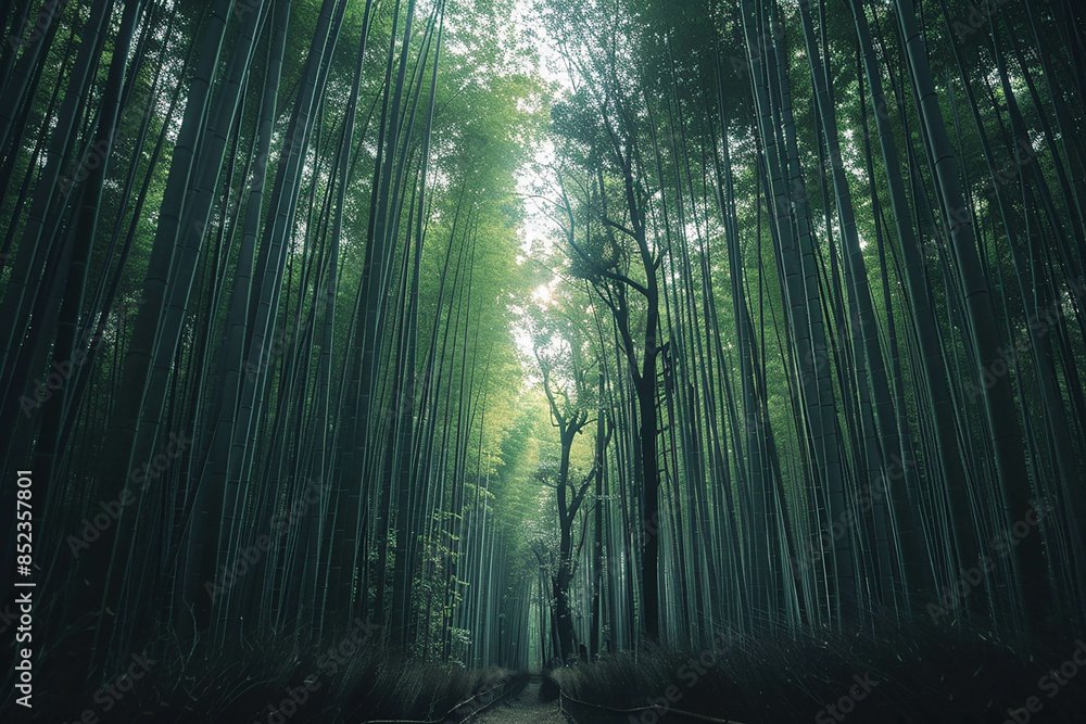 Fototapeta premium photo of japanese bamboo forest, green color palette, tree in the middle of thick dense bamboo grove, tall trees with very long leaves, natural light, shot on Sony Alpha A7 III camera