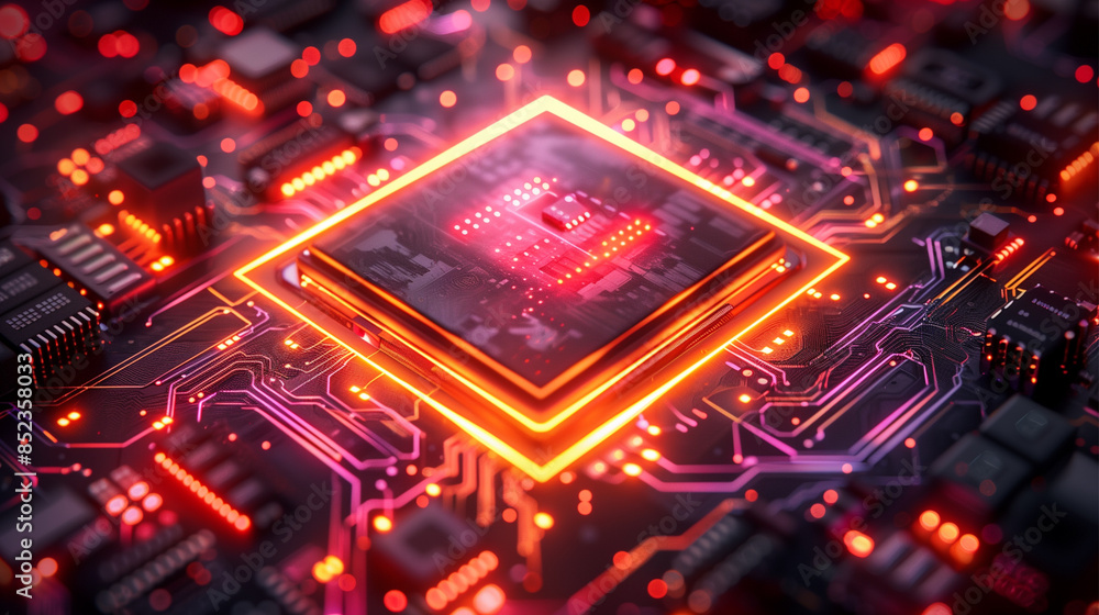 3D modern CPU Chip icon in bright neon graphic style black background 3D modern CPU Chip icon in bright neon graphic style black background