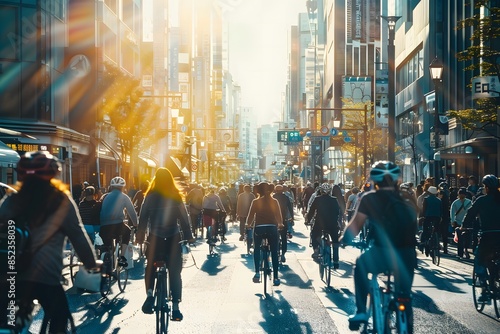 Bustling city street filled with cyclists commuting to work, showcasing the popularity of eco-friendly transportation modes, bike sharing programs, vibrant energy of bike-friendly urban environment photo