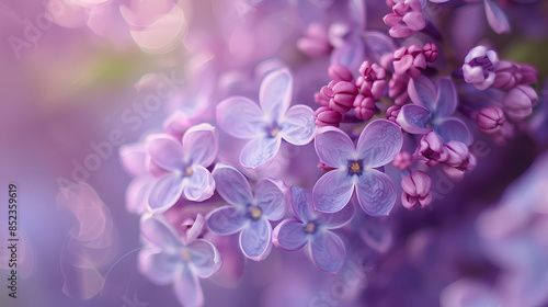 A close up of lilac blossoms, their delicate petals and soft purple hues creating an enchanting scene, set against the backdrop of spring's vibrant palette. The focus is on the blossoms.