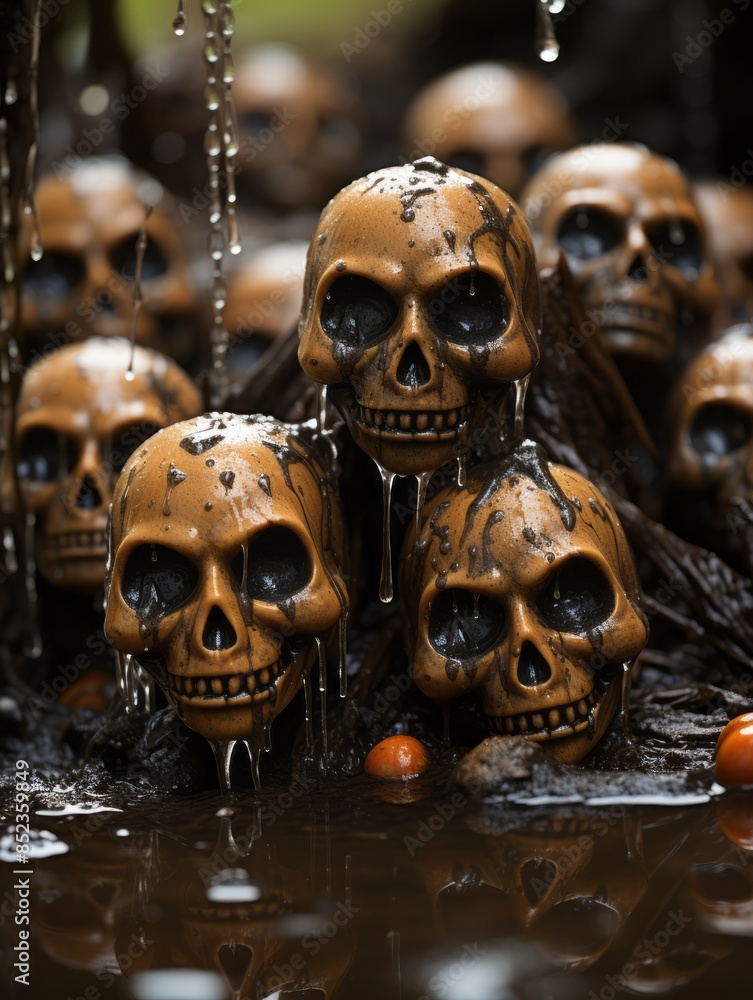 a group of skulls sitting in a puddle of water a group of skulls sitting in a puddle of water