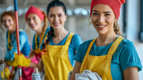 Portrait of happy smiling team of young janitors in uniform from professional cleaning service looking at camera holding household supplies in hands. Housework concept.