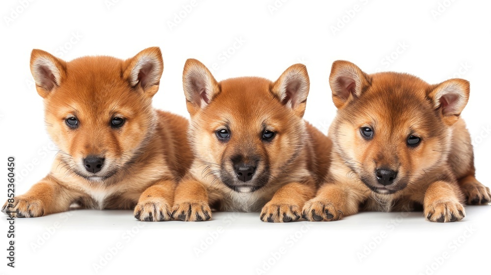Three Shiba Inu pups 6 months against white backdrop Three Shiba Inu pups 6 months against white backdrop