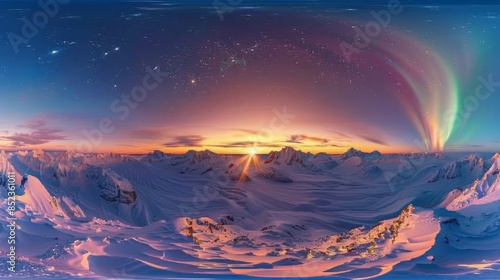 HDRI 360 VR panorama of sunrise at high altitude with snowy mountains. AI generative. © น้ำฝน สามารถ